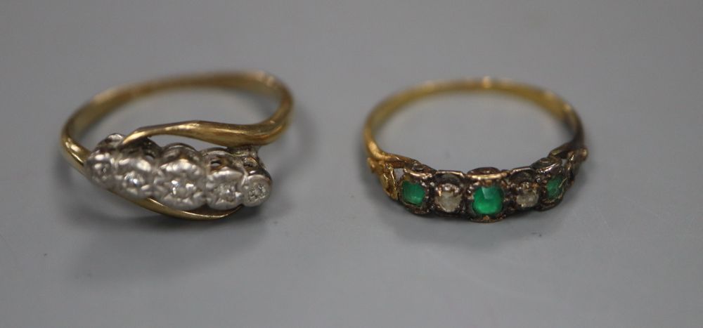 A 19ct century yellow metal emerald and rose cut diamond set half hoop ring, size L/M, gross 1.7 grams & a diamond ring.